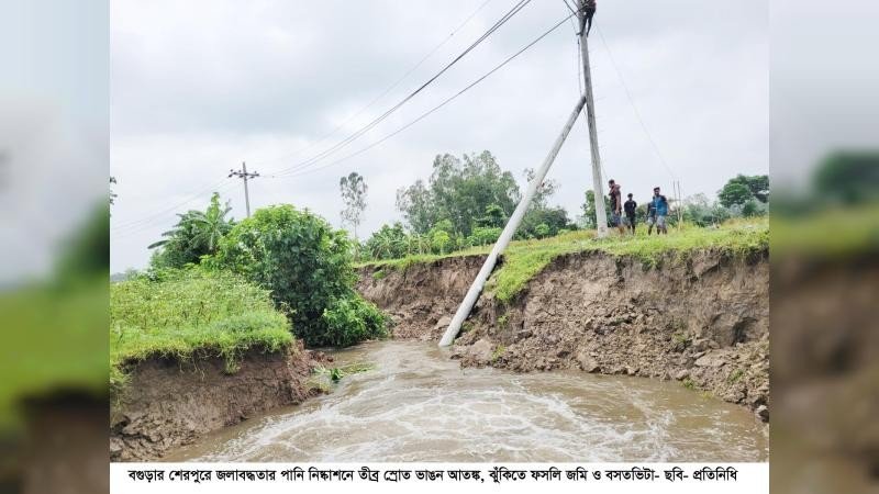 শেরপুরে জলাবদ্ধতার পানি নিষ্কাশনে তীব্র স্রোত ভাঙন আতঙ্ক, ঝুঁকিতে ফসলি জমি ও বসতভিটা