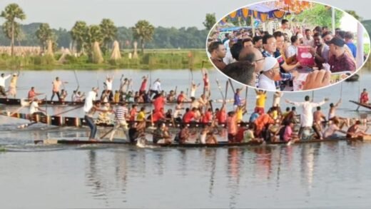 বৈঠার ছন্দে মুখর আষাঢ়ের বিল, সালথায় নৌকা বাইচ ঘিরে উৎসব 
