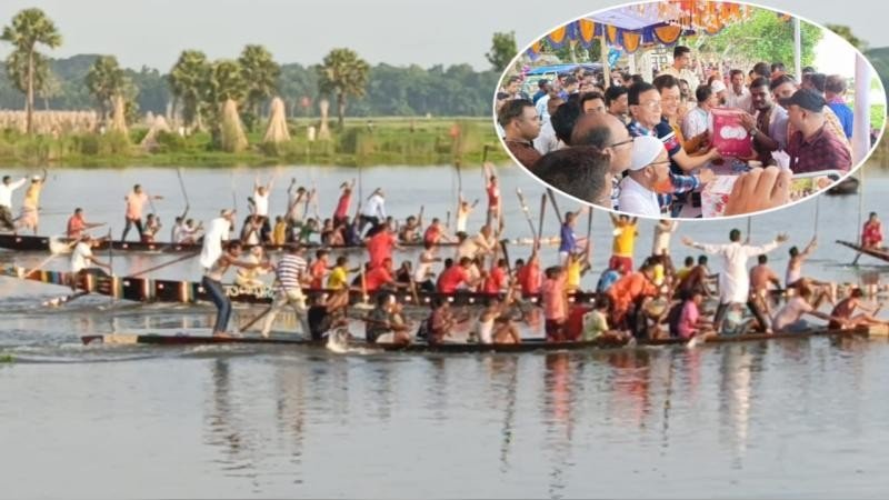 বৈঠার ছন্দে মুখর আষাঢ়ের বিল, সালথায় নৌকা বাইচ ঘিরে উৎসব 
